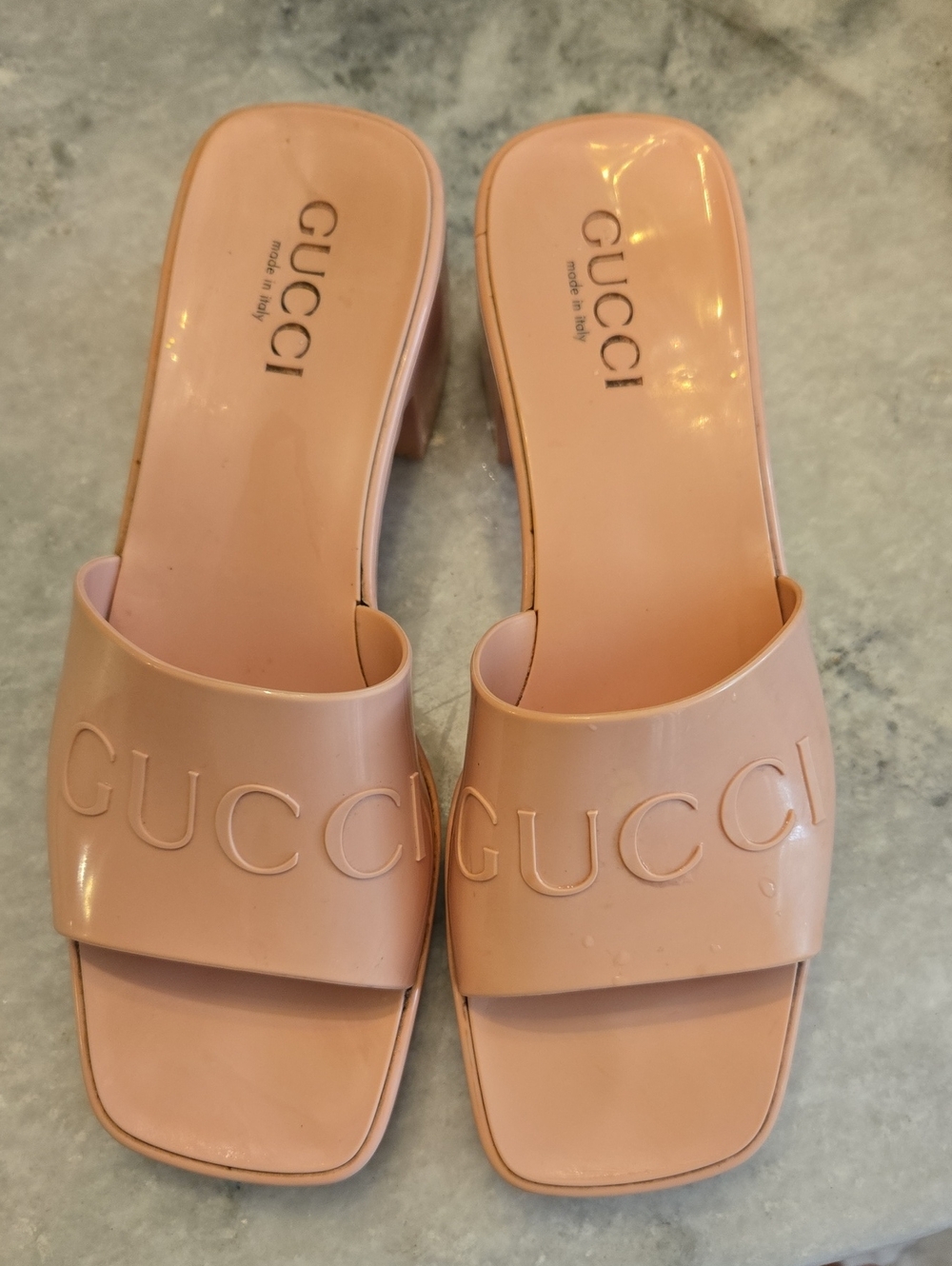 Gucci Women's Blush Pink Embossed Logo Slide Mules